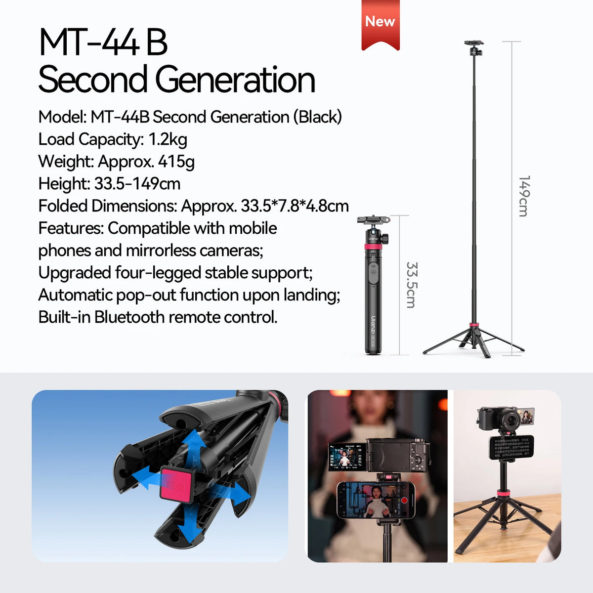 Ulanzi MT-44 1.46M Extend Selfie Stick Tripods Tripod With Phone Clamp For Cameras Cellphone Samsung iPhone Huawei Xiaomi Stand