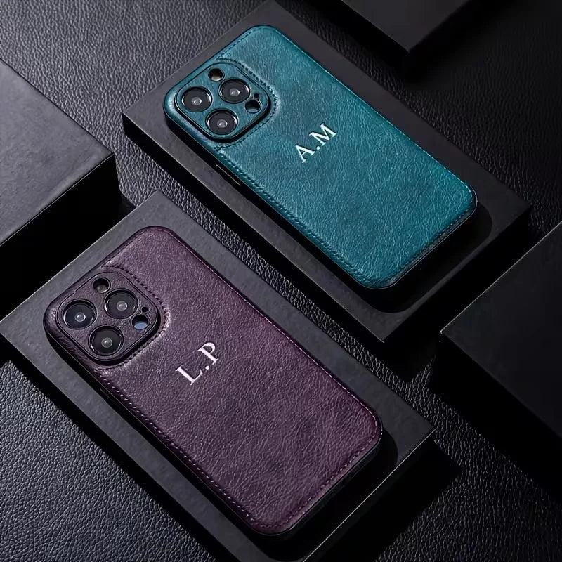 Personalized Customized Silver Hot Stamping Name Faux Leather Classic Business Phone Case For iPhone 17 16 15 14 13 Pro Max Plus