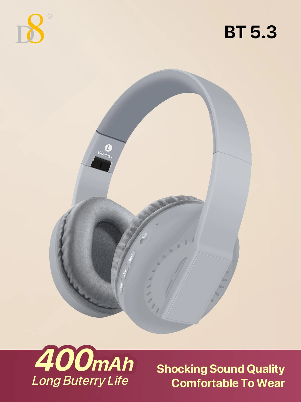 D8 Over Ear Headphones, Wireless and Wired Headset Built-in Microphone, Micro SD Card Slot - (Stealth) 40H Playtime