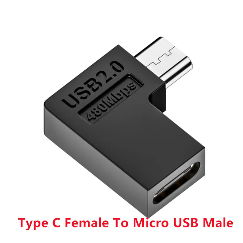 90 Degree Right Up Down Angled Micro USB Male to Type C Female Extension Adapter for Laptop PC Chargers Converter