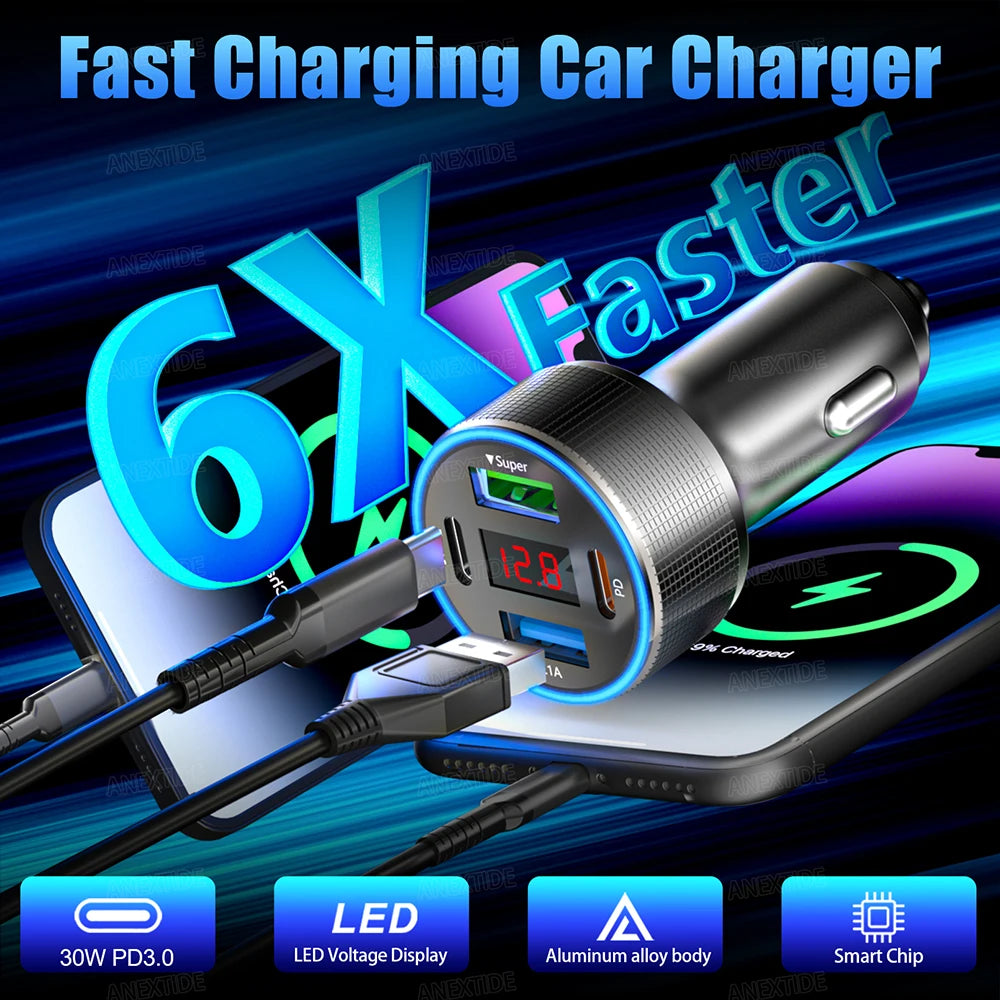 USB C Car Charger 4 Port Car Charger Adapter with LED Voltmer, Aluminium Alloy Car Cigarette Lighter USB Charger