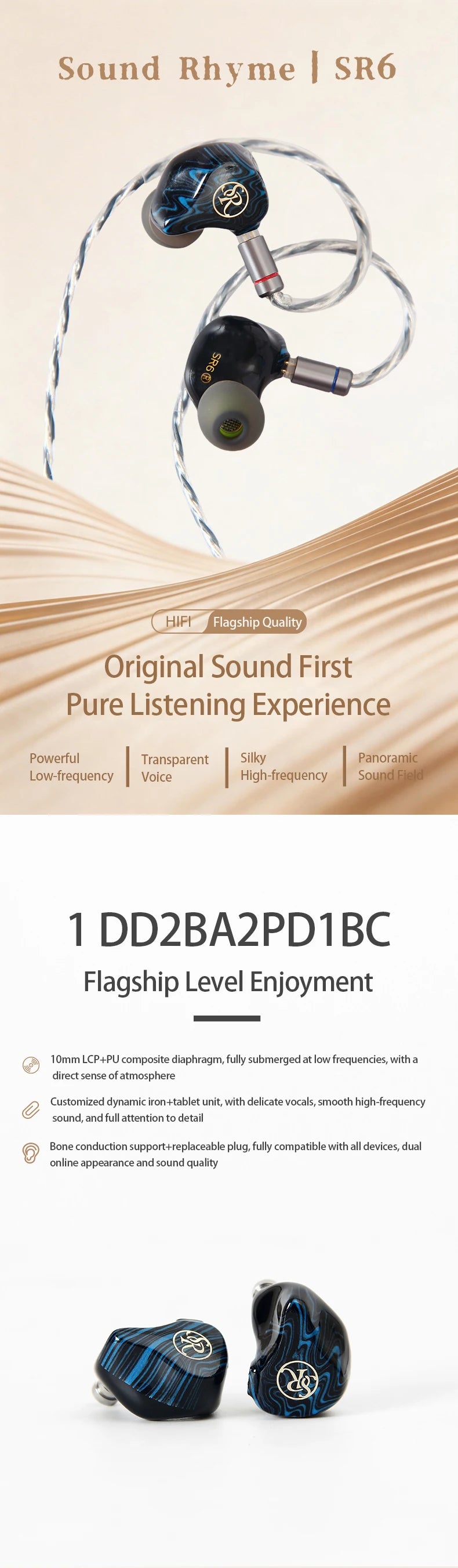Sound Rhyme SR6 1DD + 2BA + 2PD+ 1BC Driver Multi-Driver In-Ear Monitor Hybrid Driver Wired Earphones with 2in1 Switchable cable