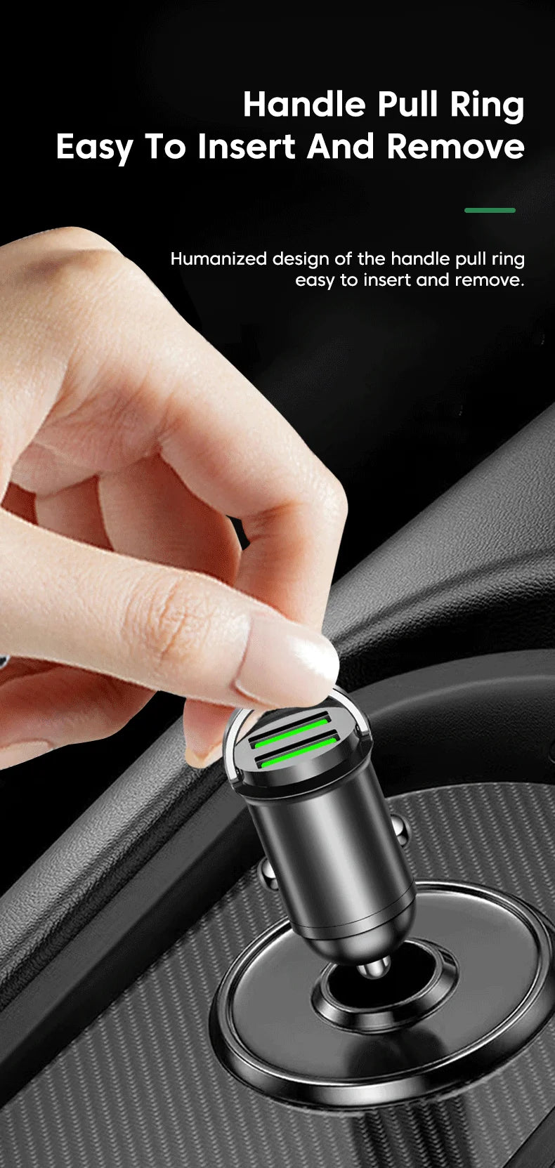 200W Dual USB Car Charger Fast Charging Pull Ring Car Phone Charger Adapter For iPhone Samsung Huawei Xiaomi Cigarette Lighter