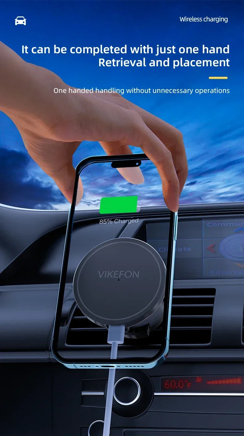 VIKEFON Magnetic Car Wireless Charger + Ring For iPhone 12 13 14 15 Pro Max Air Vent Car Phone Holder Stand Fast Car Charging