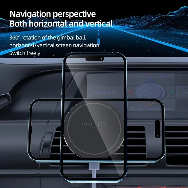 VIKEFON Magnetic Car Wireless Charger + Ring For iPhone 12 13 14 15 Pro Max Air Vent Car Phone Holder Stand Fast Car Charging