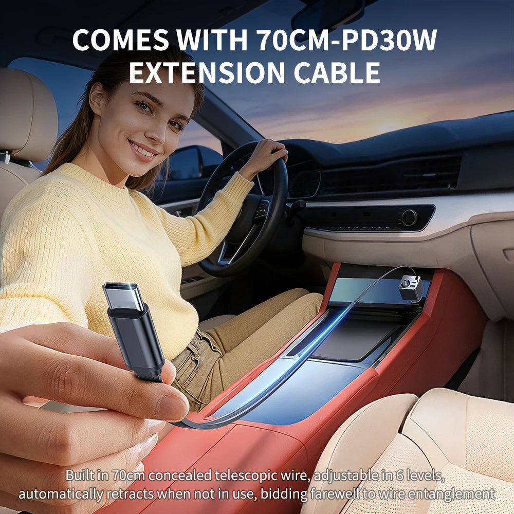 Universal Car Charger 128W Super Fast Charging Cigarette Lighter with Built-In USB-C Retractable Cable for Fast Charging