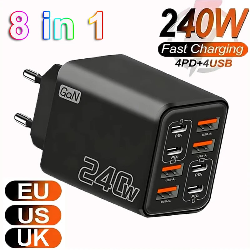 240W GaN USB C Charger 8 in 1 Fast Charging Phone Charger Power Adapter For iPhone Xiaomi Type C EU/US/UK Plug Wall Charger 2026