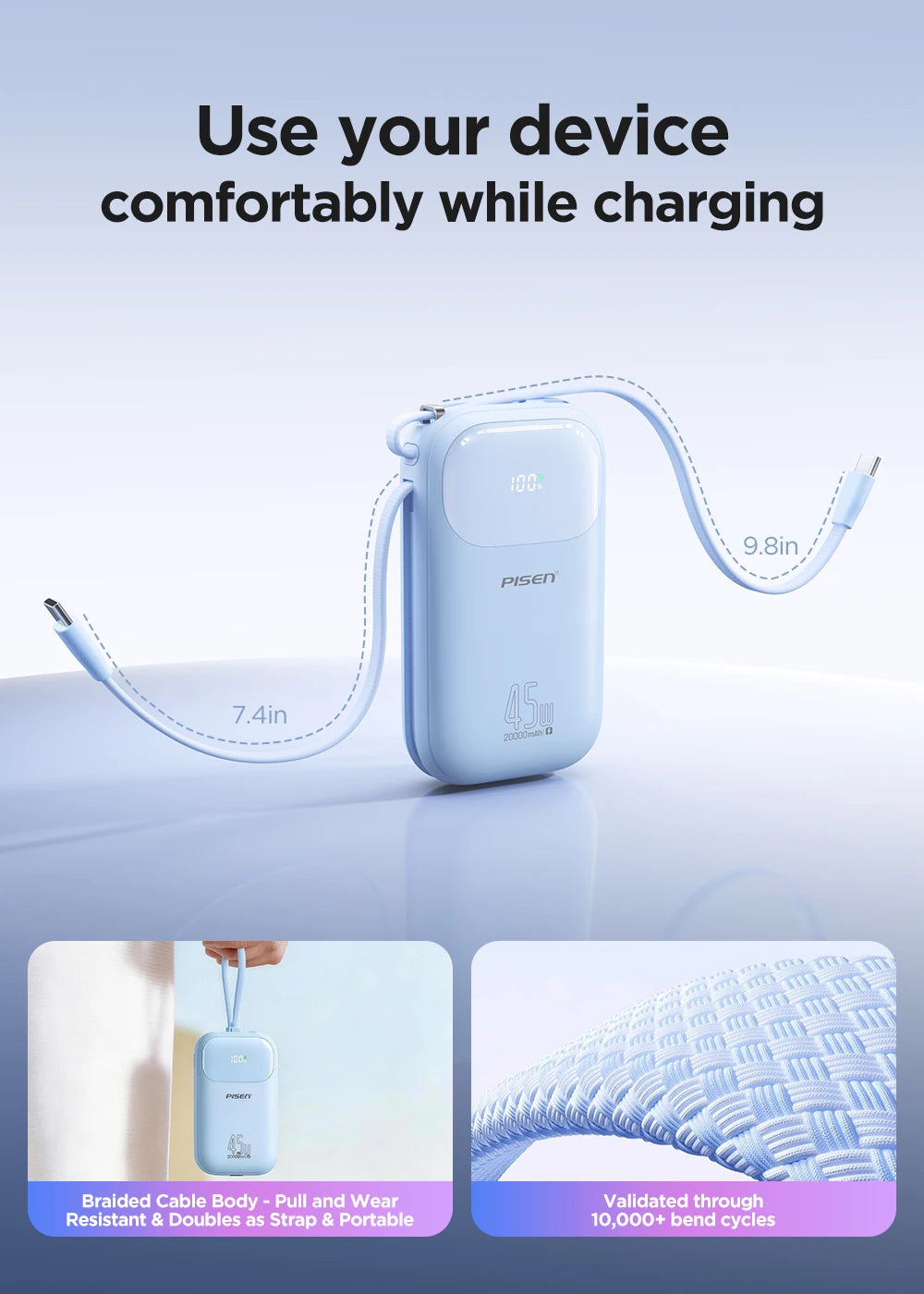 PISEN 45W Fast Charging Power Bank Built-in Dual USB-C Cable 10000mAh/ 20000mAh Mini Portable Powerbank For iPhone 17 Xiaomi