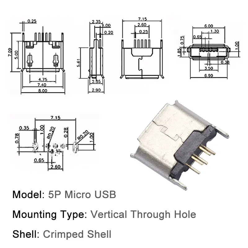 10PCS Micro USB Android Female Charging Socket, Flat Edge Crimped Type, 5Pin, 4 Mounting Pins, SMD & DIP Tail Connector