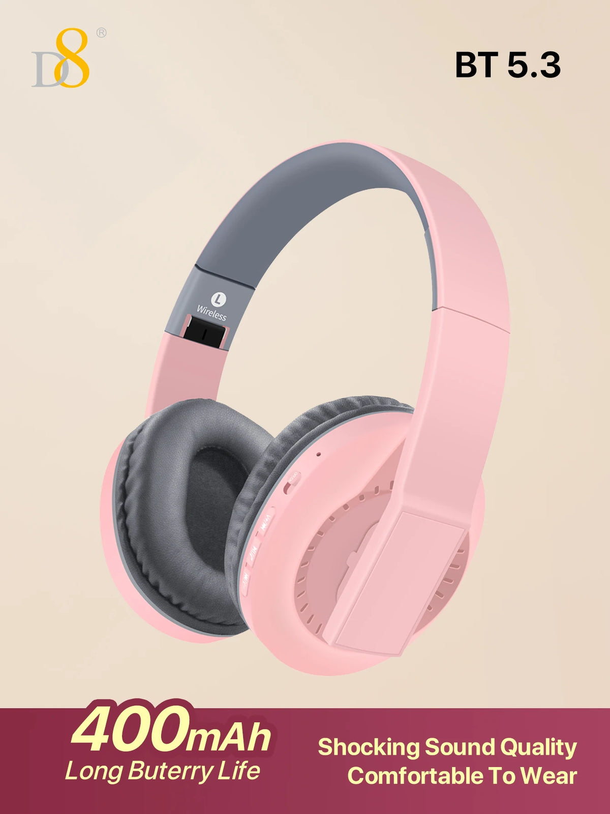 D8 Over Ear Headphones, Wireless and Wired Headset Built-in Microphone, Micro SD Card Slot - (Stealth) 40H Playtime