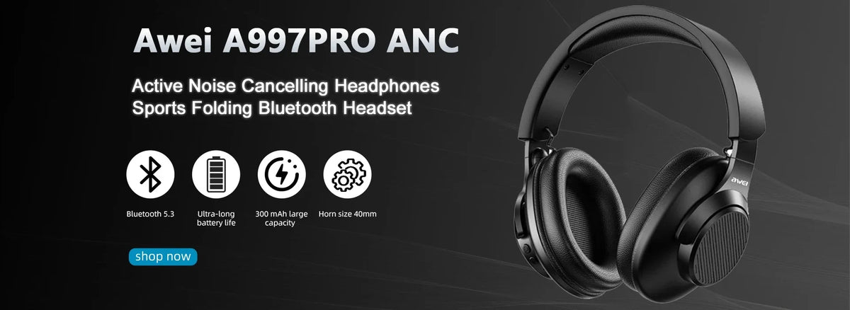 AWEI T56 ANC Wireless Bluetooth V 5.4 Earphones Noise Reduction Headphones Full-Color LED Touchscreen TWS Sport Headest With Mic