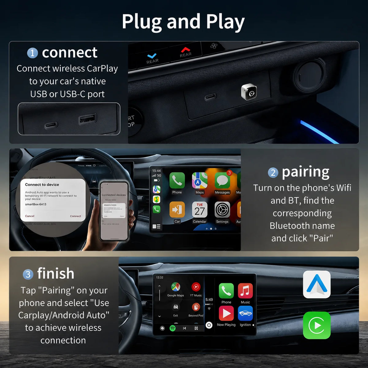 DRNVIYNC 2026 Wireless CarPlay Adapter 2-in-1 Wired to Wireless Dongle for Apple & Android Auto Plug and Play Universal Car Accessory
