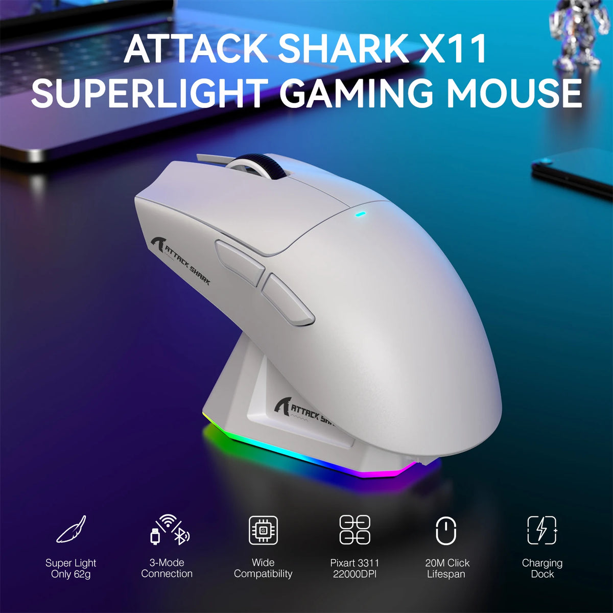 ATTACK SHARK X11 Lightweight Wireless Gaming Mouse with RGB Backlight Charging, Up to 22K DPI, PAW3311 Optical Sensor, HUYU Swit