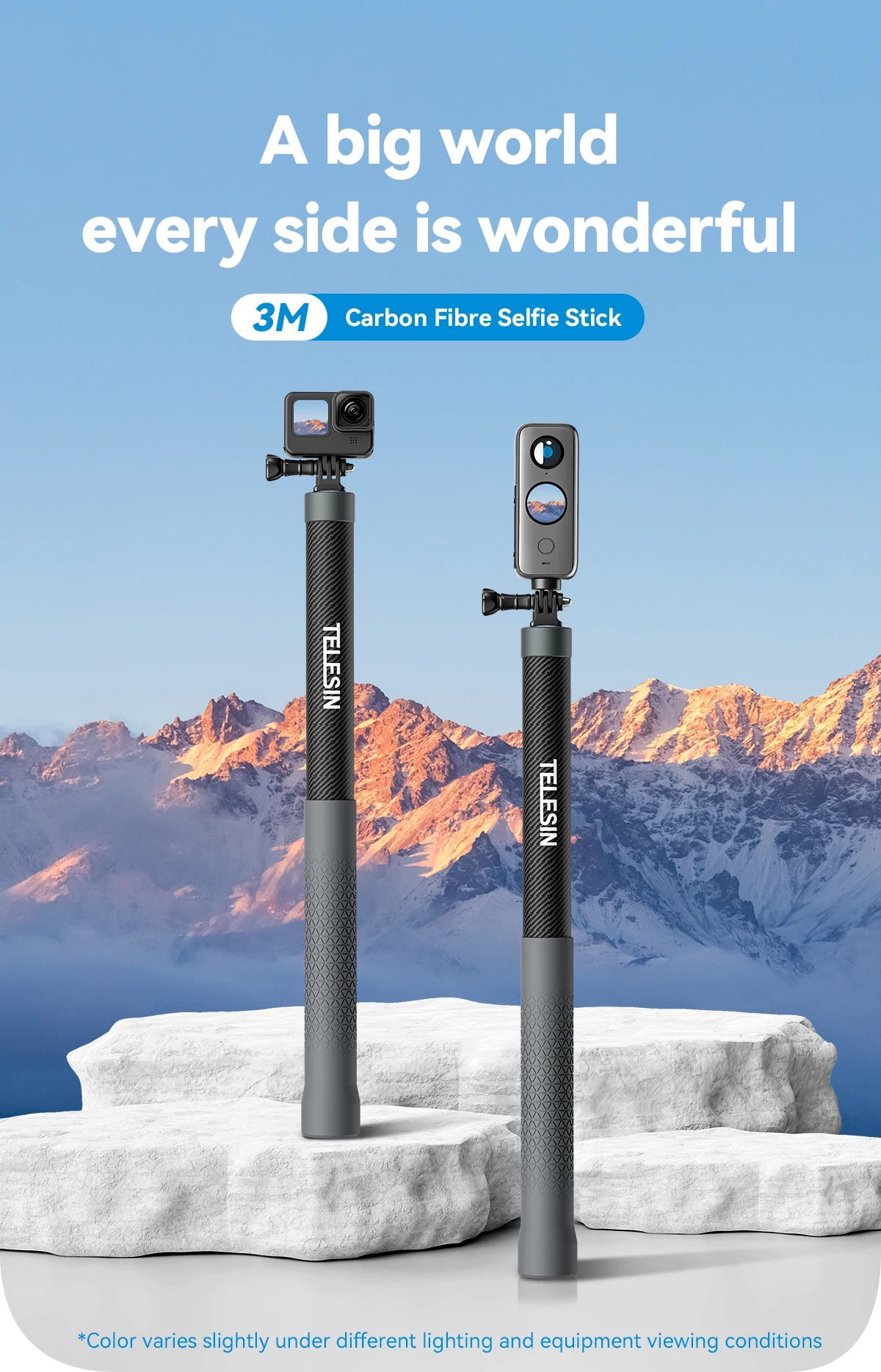 TELESIN 1.2M 3M Carbon Fiber Selfie Stick Monopod Extendable With 1/4 Screw For GoPro Insta360 Osmo Action DJI Action Camera