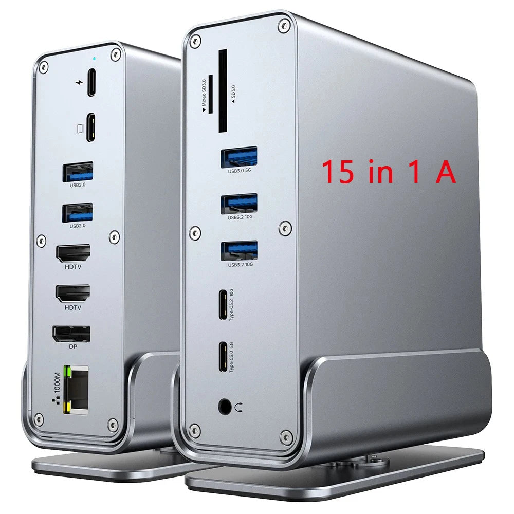 15-in-1 USB C Hub Triple Monitor 4K@60Hz DP Hub with 10Gbps USB3.2 RJ45 Gigabit PD 100W SD/TF & 3.5mm Audio for Laptops