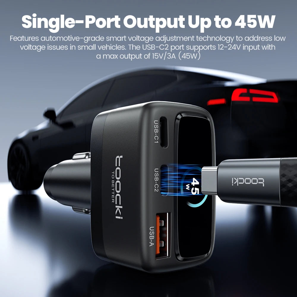 Toocki 105W 3-in-1 Car Charger PD 45W 30W PPS Fast Charging Type C Display Car Phone Charger For iPhone 17 16 Samsung S23 S24