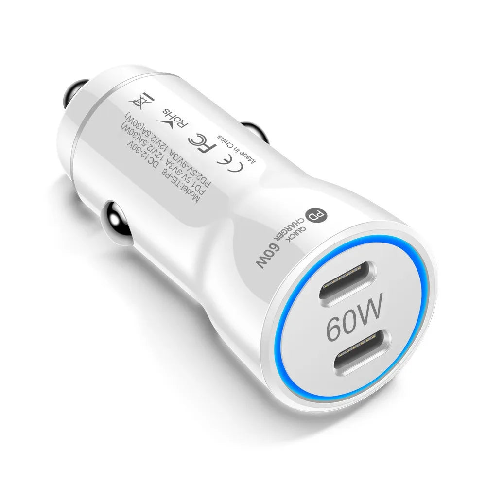 MZX 60W 48W 30W Duar Car Charger PD USB A Type C Smart Quick Charge 12V 24V Cigar Lighter Ultra QC 3.0 Charging for Cell Phone