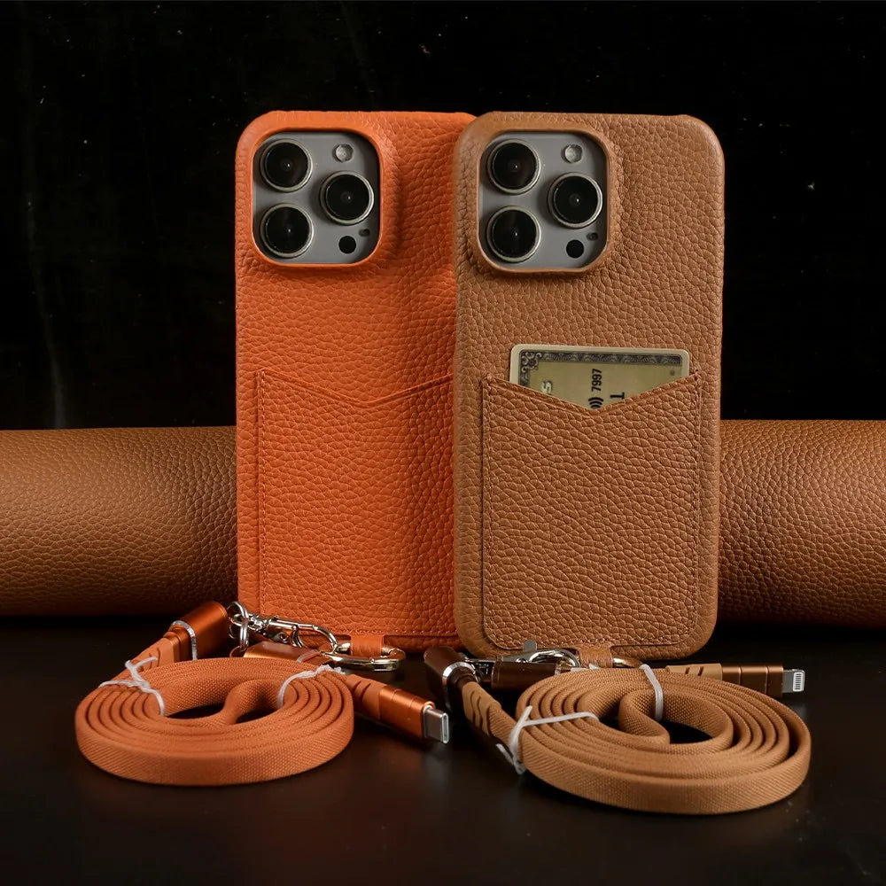 Multifunctional Charging Cable Lanyard Genuine Leather Case for IPhone 18 Pro Max 17Pro 16 15 14 13Pro Crossbody Strap Card Slot
