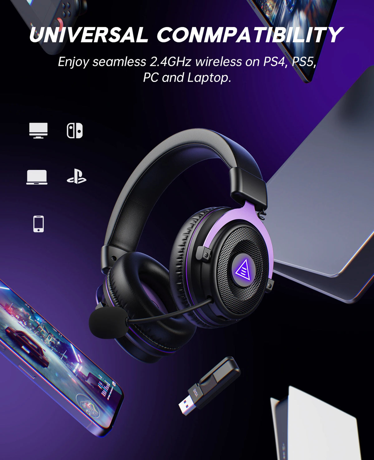 Oneodio EKSA E900 WT 2.4G Wireless Gaming Headset Tri-Mode Over Ear Bluetooth Headphones Gamer With Mic RGB For PC PS4 PS5 80Hr