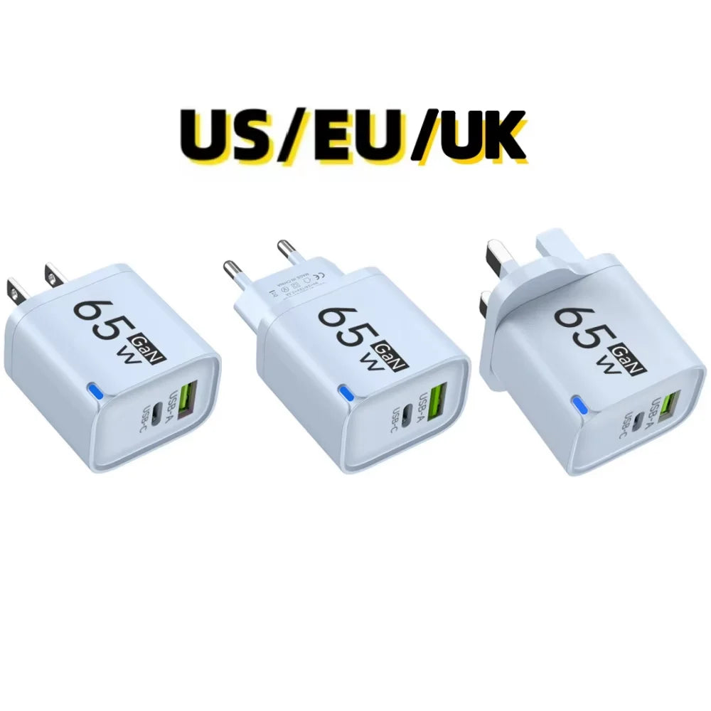 GaN 65W USB Type C Fast Charger 2 in 1 Portable Phone Wall Charger Quick Charge EU US UK Plug For iPhone Samsung Xiaomi Huawei