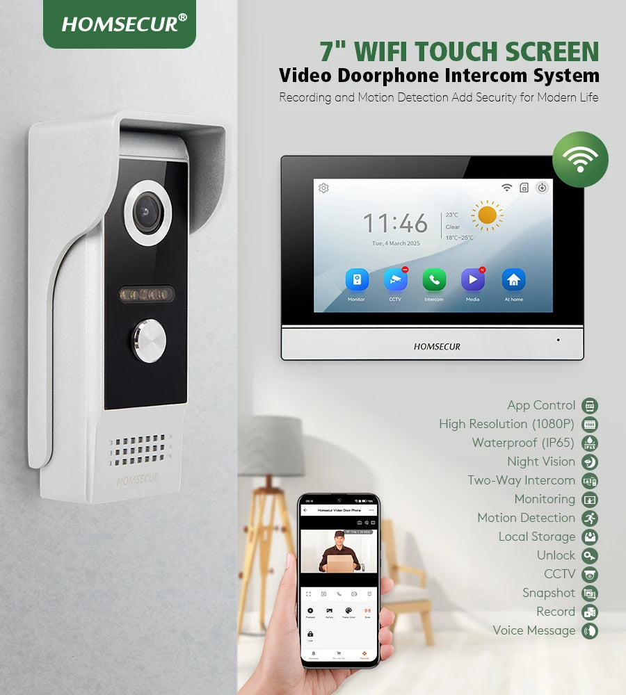 HOMSECUR 7" WIFI HD Video Door Phone Intercom Doorbell Tuya App Remote Control Door Unlock Auto Recording