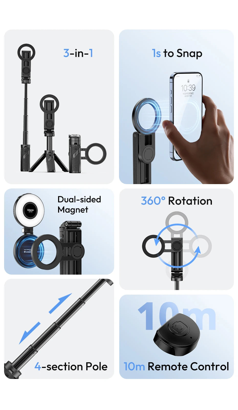 Ulanzi JJ03 Magnetic Phone Tripod Wireless Phone Grip Selfie Stick Desktop Tripod with Remote Control Photography Livestreaming