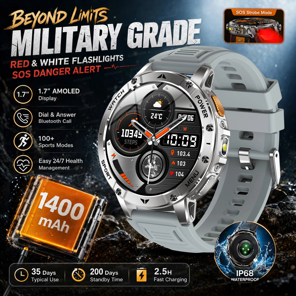 Ultra Large 1400mAh Battery Sport Smartwatch 1.7” Heart Rate Tactical Strong Flashlight 5ATM Waterproof Call Smart Watch For Men