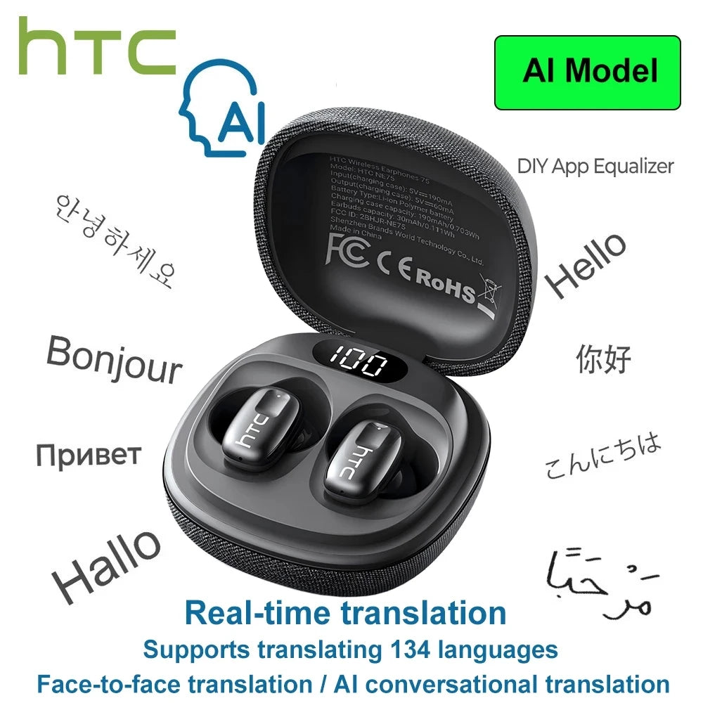AI Translate Earbuds HTC NE75 Noise Reduction In Ear Wireless Earphone Bluetooth Compatible With Phone Laptop Computer Headphone