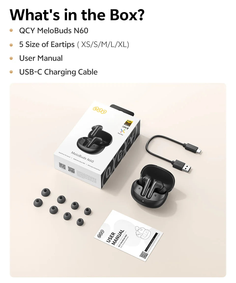 QCY BH25HT19A MeloBuds N60 Hybrid ANC Wireless Bluetooth 6.0 Earbuds LDAC Hi-Res Audio Dual Driver Headphone Bass Boost Earphone