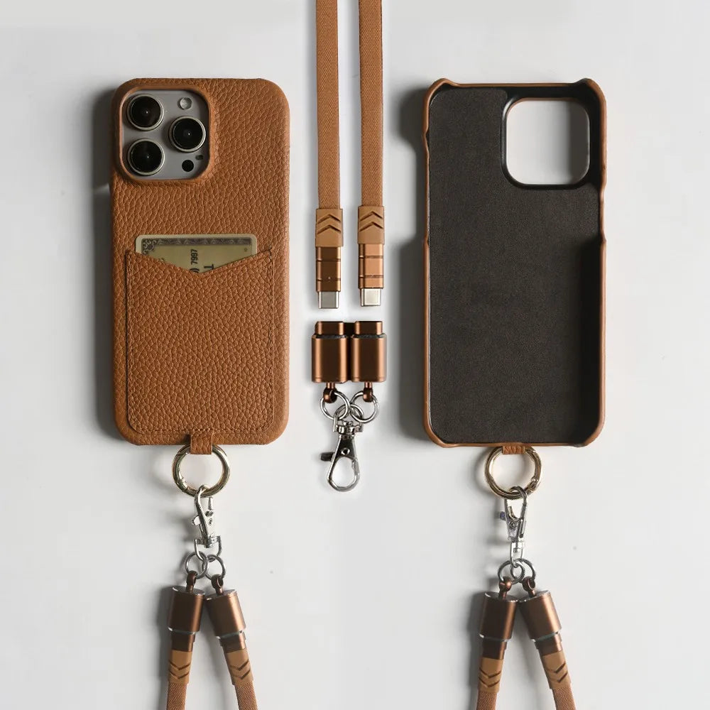 Multifunctional Charging Cable Lanyard Genuine Leather Case for IPhone 18 Pro Max 17Pro 16 15 14 13Pro Crossbody Strap Card Slot