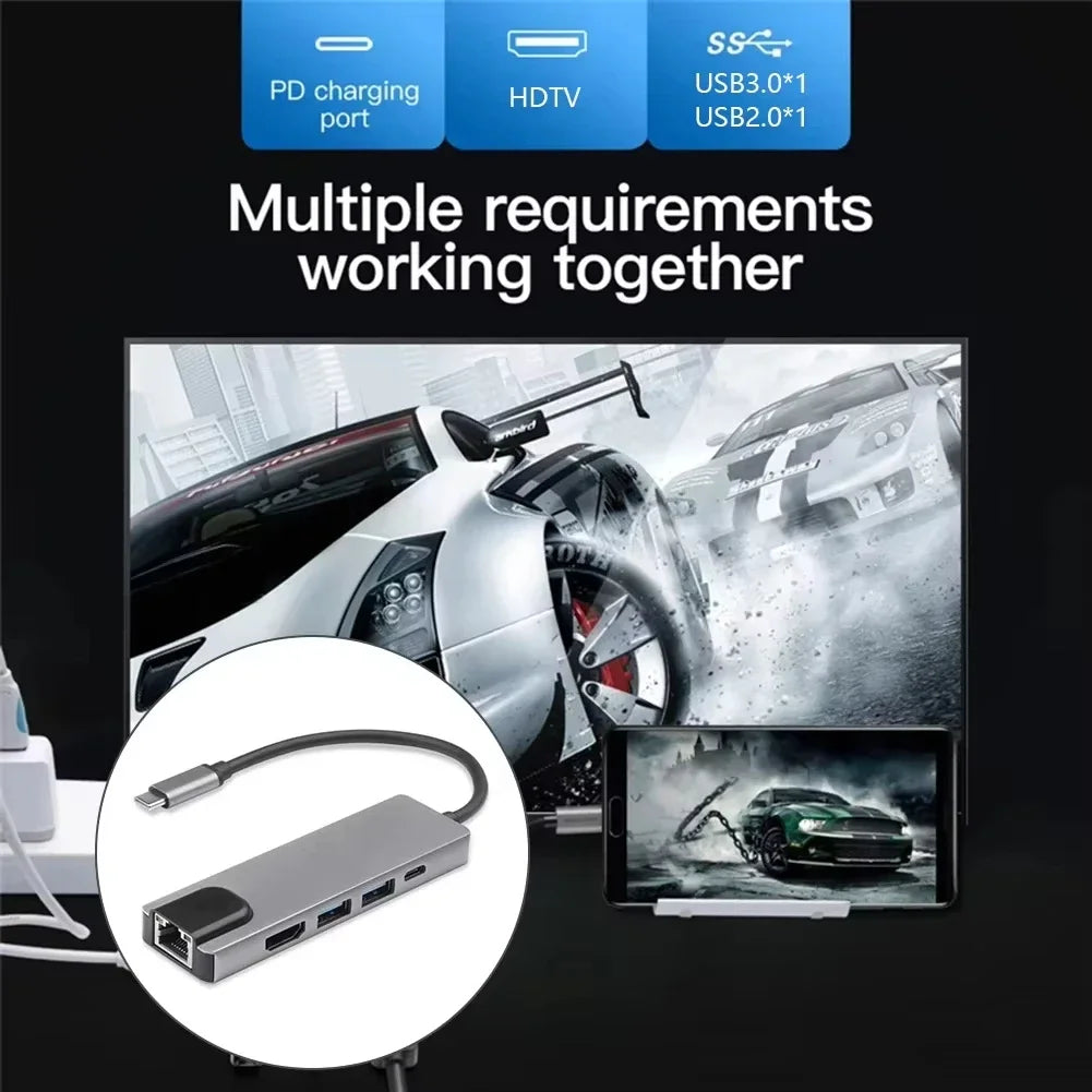 5 in 1 USB C Hub to 4K HDMI-compatible USB 3.0 2.0 Type C Charging RJ45 100M Splitter USB 3.0 5Gbps High Speed USB C HUB Adapter