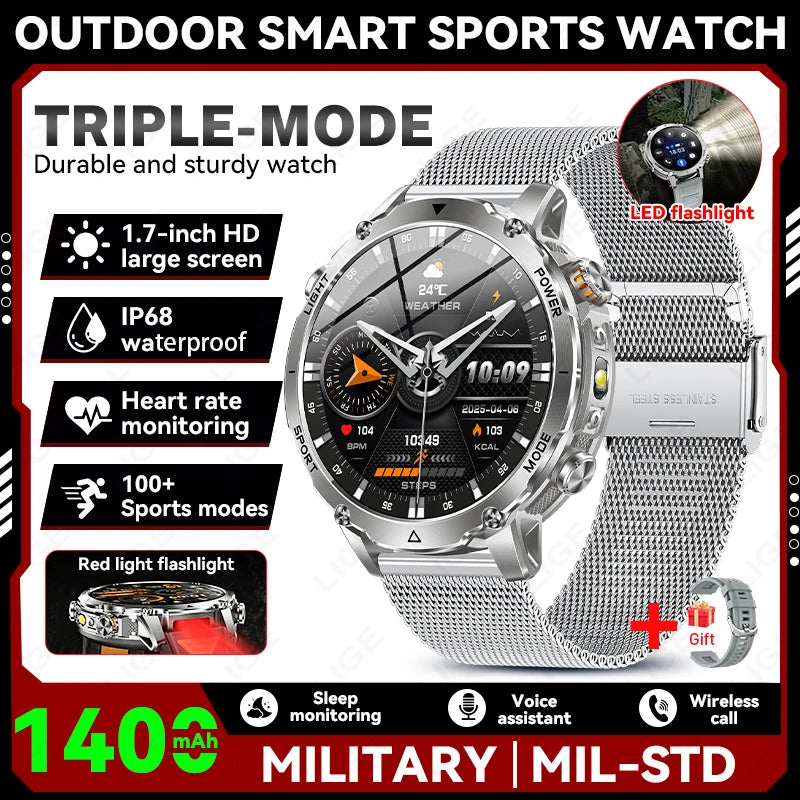LIGE TANK Ultra 1400mAh Battery Military Smart Watch 10ATM Waterproof Heart Rate Flashlight Sports Bracelet Smartwatch Men Lady