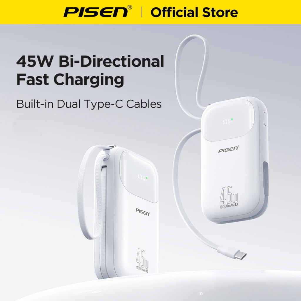 PISEN 45W Fast Charging Power Bank Built-in Dual USB-C Cable 10000mAh/ 20000mAh Mini Portable Powerbank For iPhone 17 Xiaomi