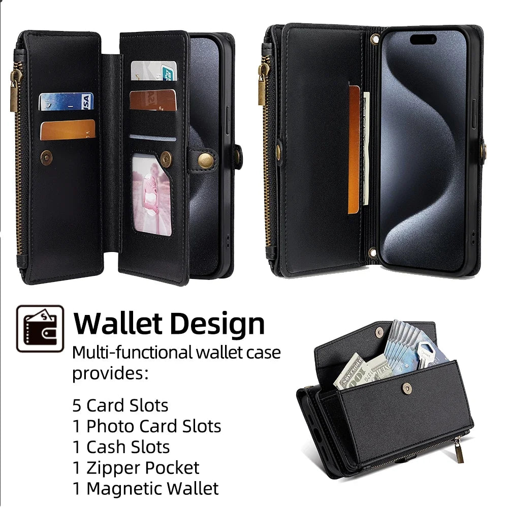 Wallet Flip Stand Leather Case For iPhone 11 12 13 14 15 Pro Max 6 6s 8 7 Plus X XS XR SE 2020 SE3 2022 Cover Crossbody-Bags