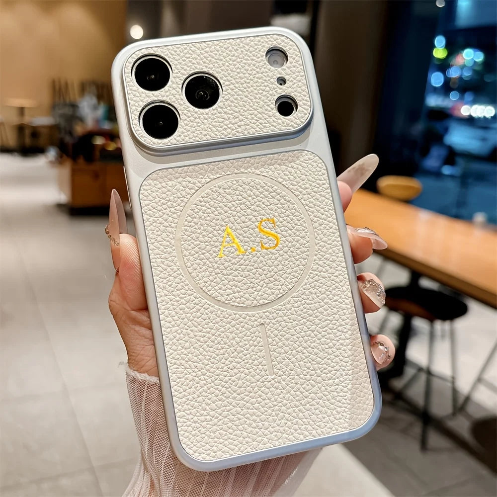 Personalized Custom Name Thin Circle Magnetic Lychee Pattern TPU Phone Case for iPhone 17 16 15 14 13 Pro Max Air Gift