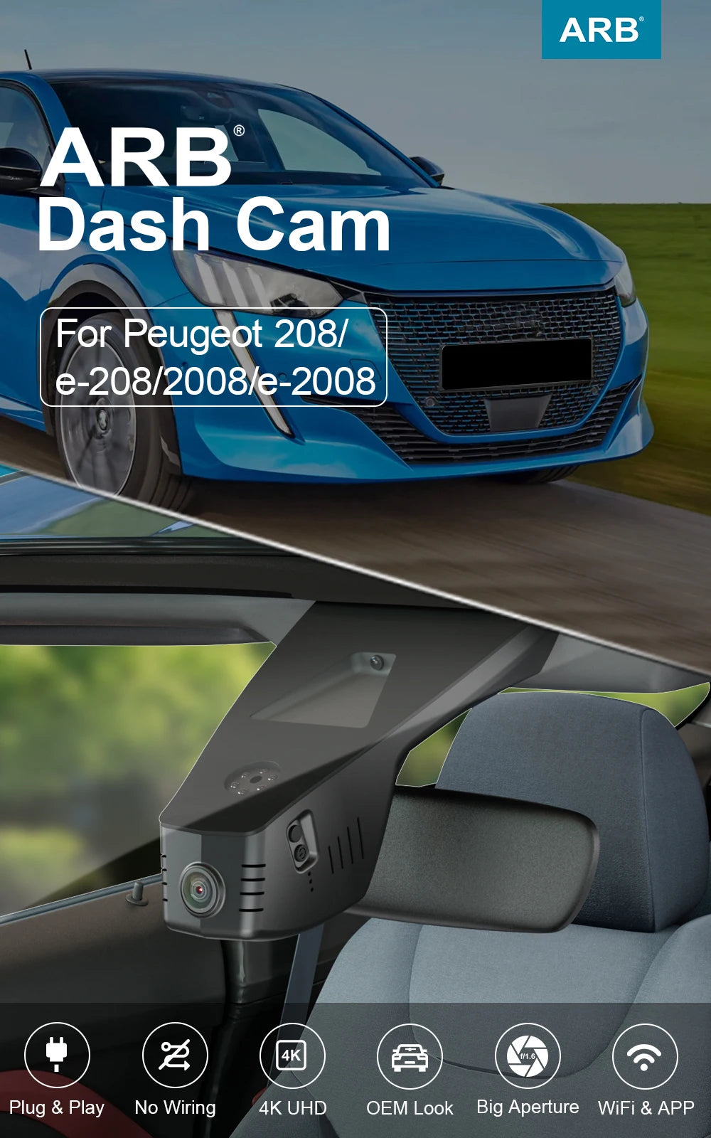 Dash Cam for Peugeot 2008 / e-2008 2019-2025, ARB Original Factory Style Car DVR Camera with WIFI for DS 3 CROSSBACK 2022-2026