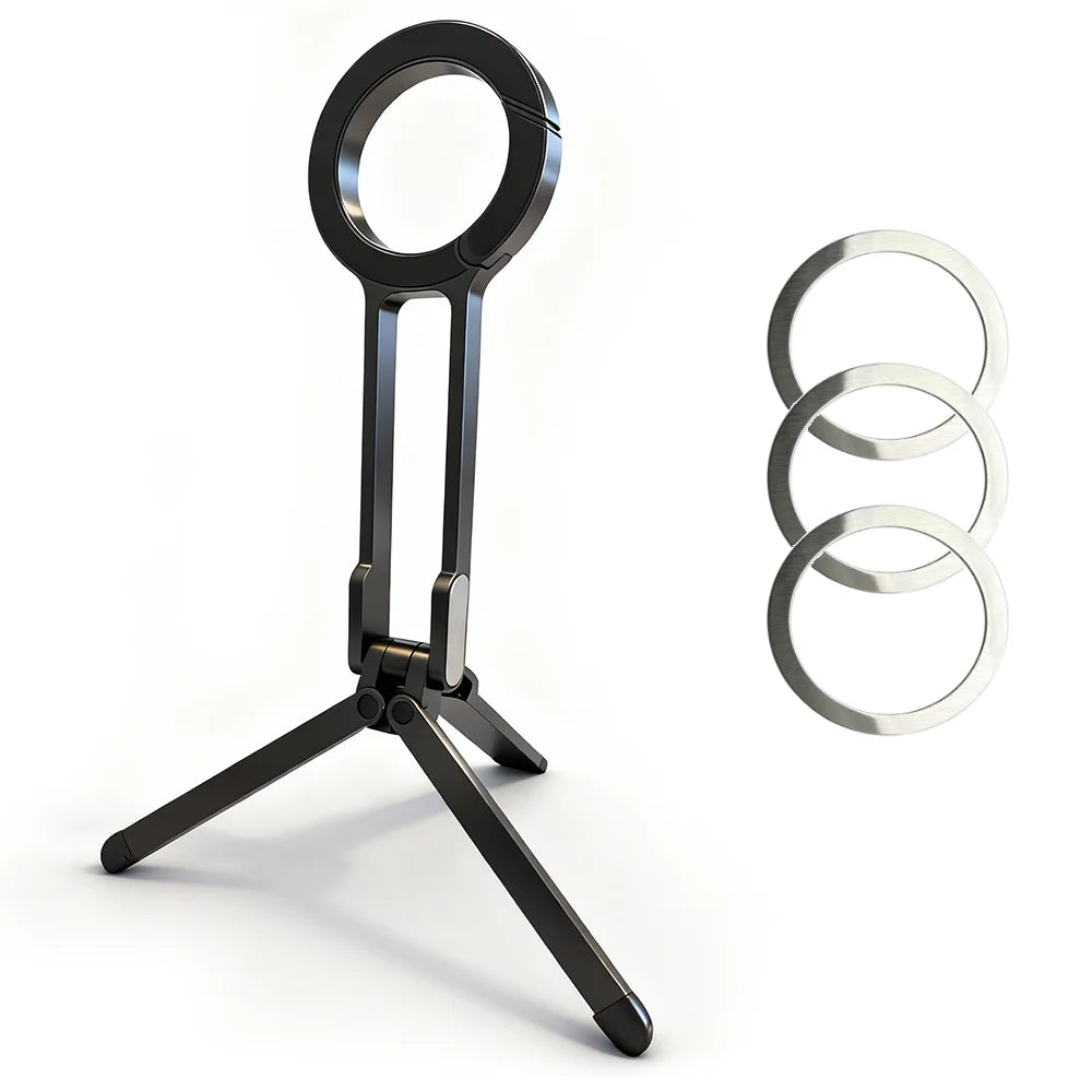 Alloy Magnetic Phone Tripod Foldable Portable Stand Carabiner-Mounted Desk Support with 3 Magnetic Rings for iPhone 14 15 Xiaomi