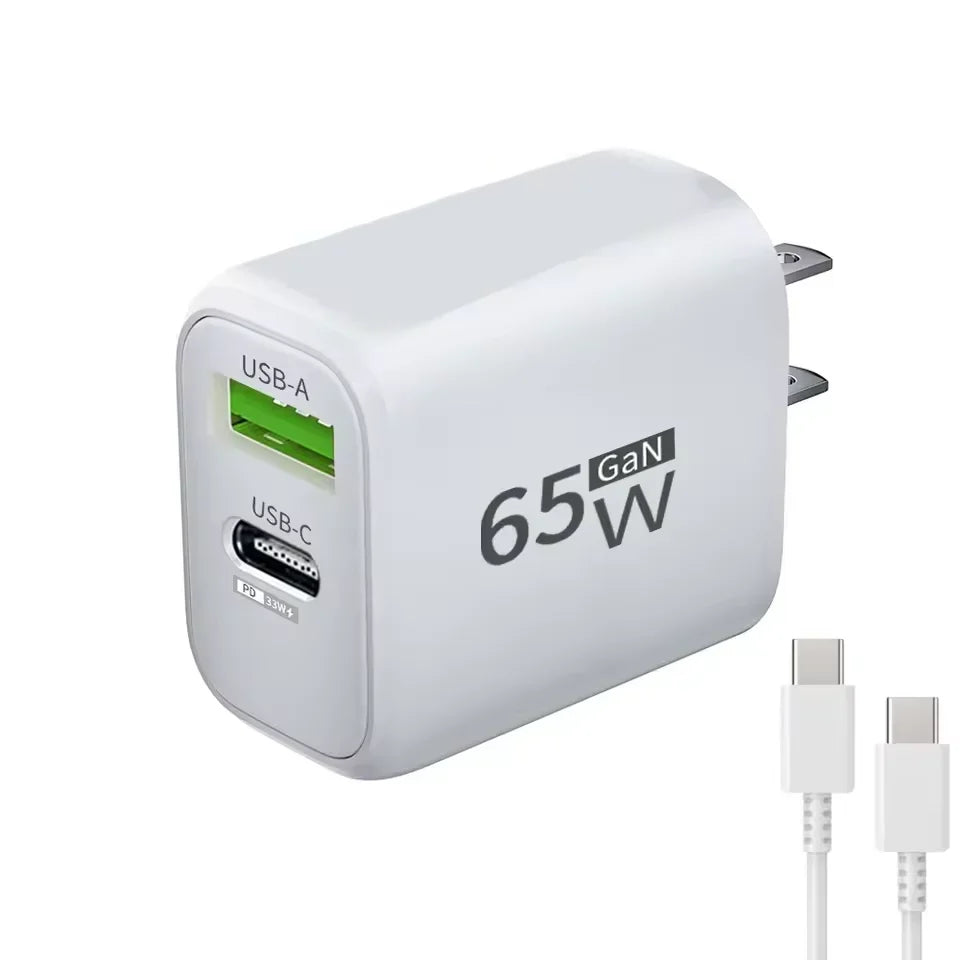 PD 65W GaN 2 In 1 Charger for iPhone 18 17 XiaomiEU/US Plug USB Type C Fast Charging Wall Charger Portable Quick Charge Adapter