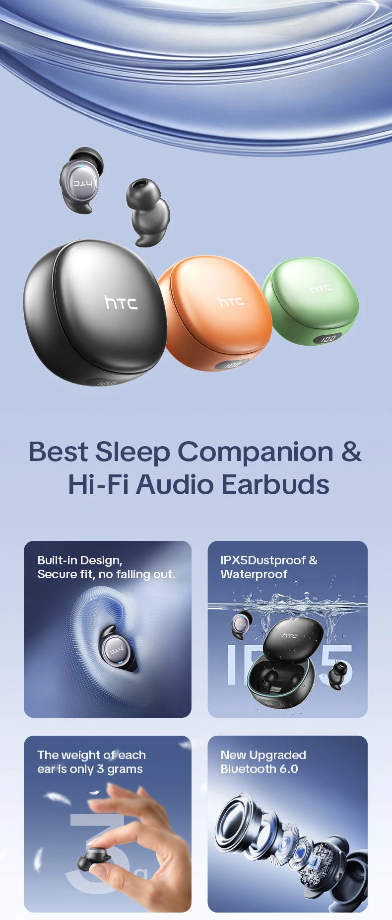 HTC NE96 Bluetooth 6.0 Wireless Earbuds Noise Cancelling Sleep Headphones 30H Battery Life Premium Acoustic Tuning Ultra-light