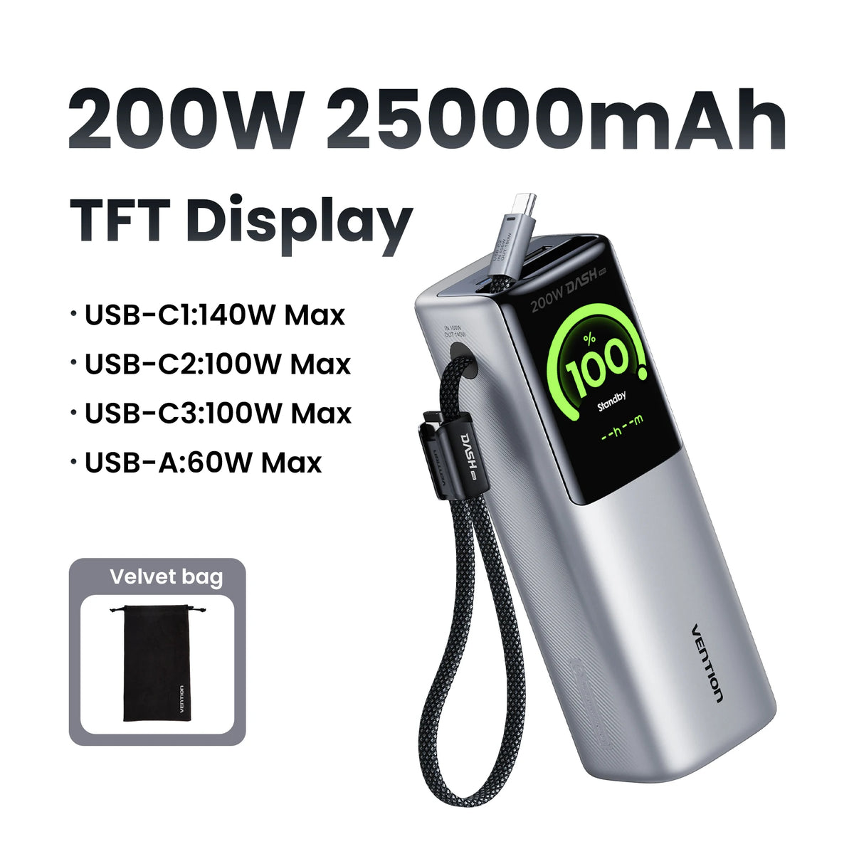 Vention 200W 25000mAh Power Bank Retractable Cables Portable PD External Battery PowerBank for Laptop Macbook Pro Fast Charge