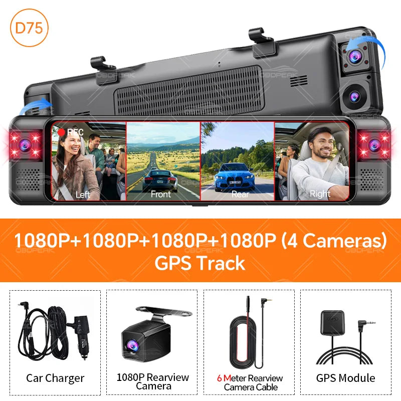 D75 Rearview Mirror FHD 1080P Dash Cam 4CH 360° Record Car Dvr Infrared 5G WIFI APP Video Recorder GPS Track Super Night Vision