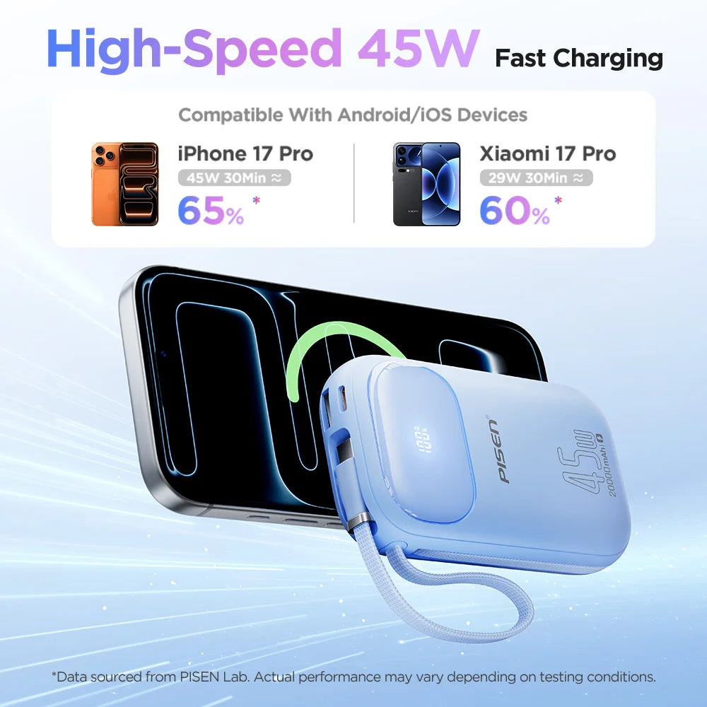 PISEN 45W Fast Charging Power Bank Built-in Dual USB-C Cable 10000mAh/ 20000mAh Mini Portable Powerbank For iPhone 17 Xiaomi
