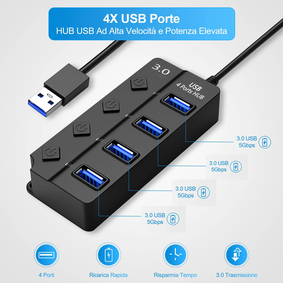 USB Hub 3.0 Multiprise USB High Speed Splitter 7 Port 5Gbps Hub Power Adapter with Switch Long Cable with Multiple Expander Hub