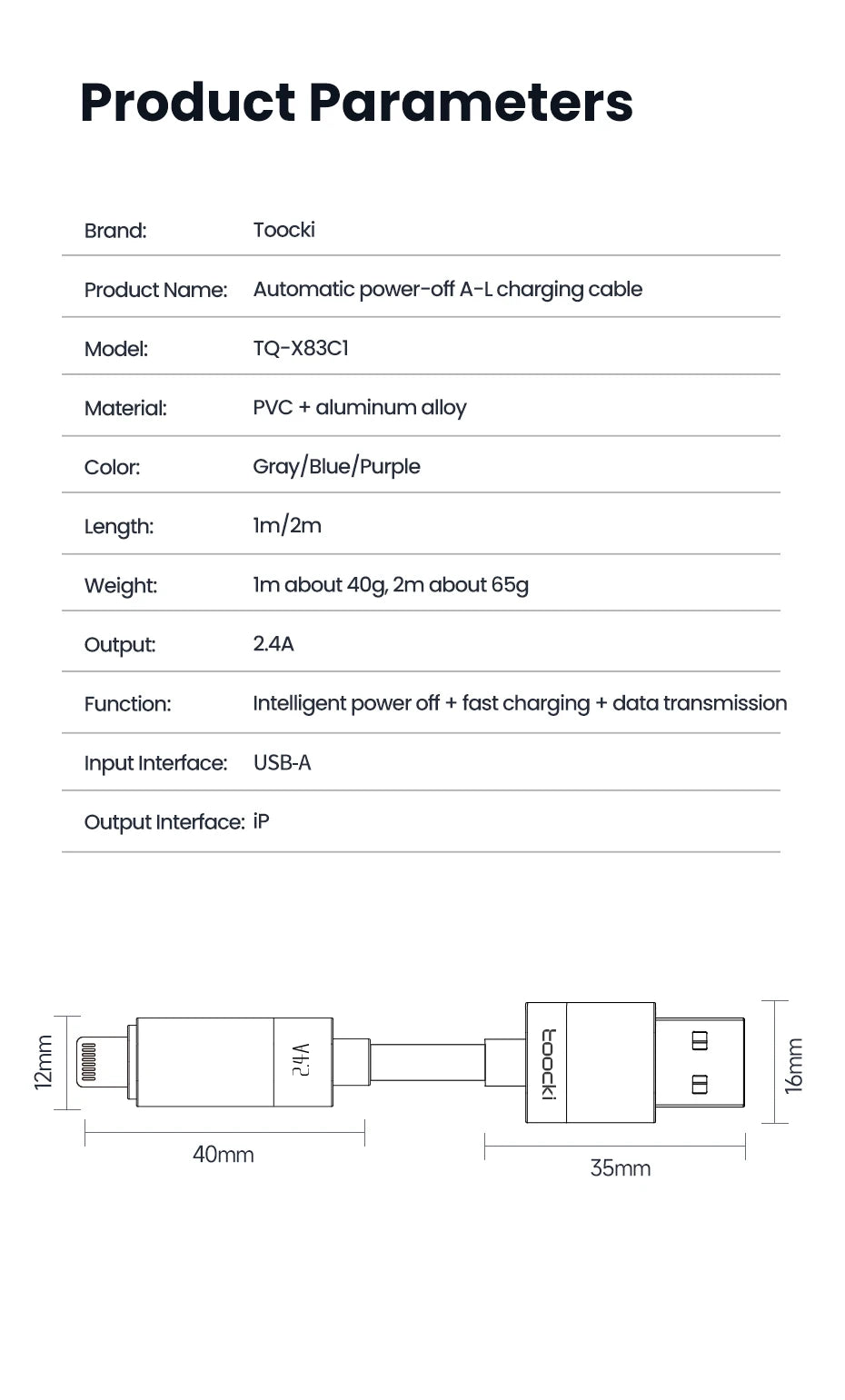 Toocki USB A to Lightning Cable 2.4A Smart Auto Power-off Fast Charging Data Wire for iPhone 14 13 12 11 Pro Max XS 8 7 SE iPad
