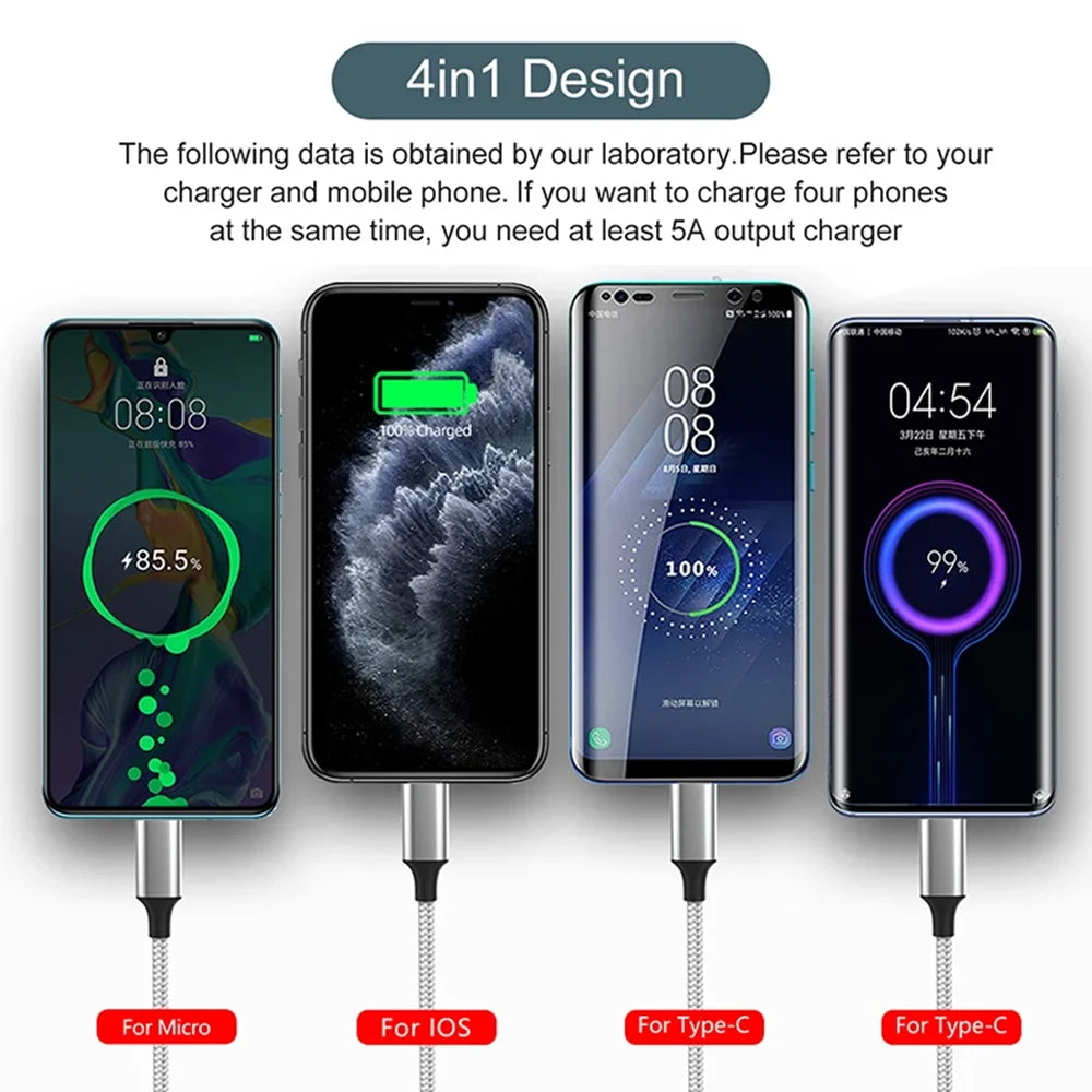 Multi USB Charging Cable (3A) USB Cable 4 in 1 Fast Charging Cord Adapter for iphone Android Phones Tablets and More