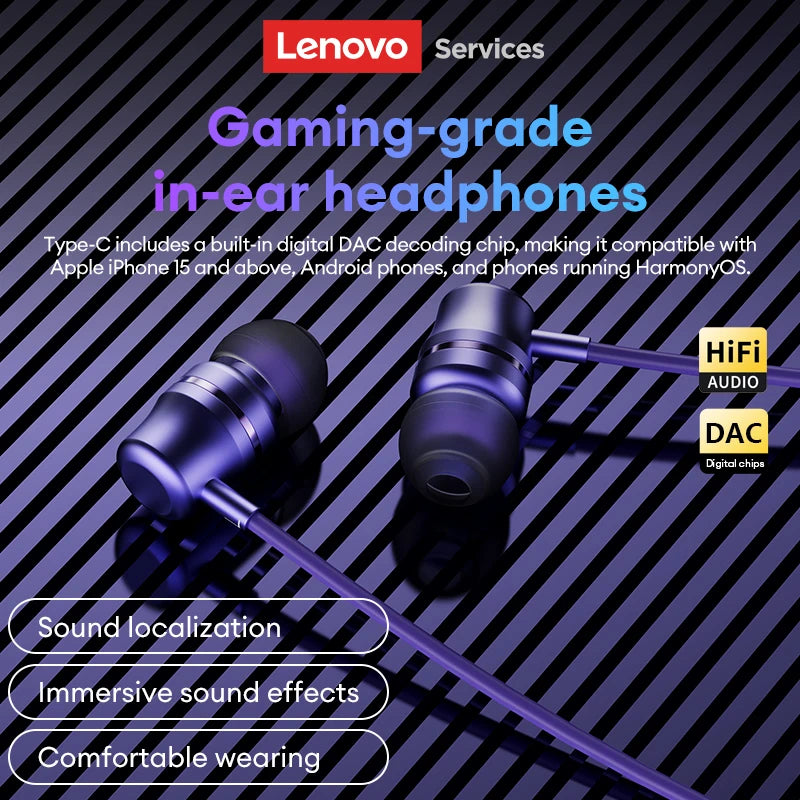 Lenovo YF38 Wired Earphones Type-C/3.5mm Gaming Headphones HiFi-level Dynamic Sound Ultra-low Latency Earbuds W Mic Tangle-Free