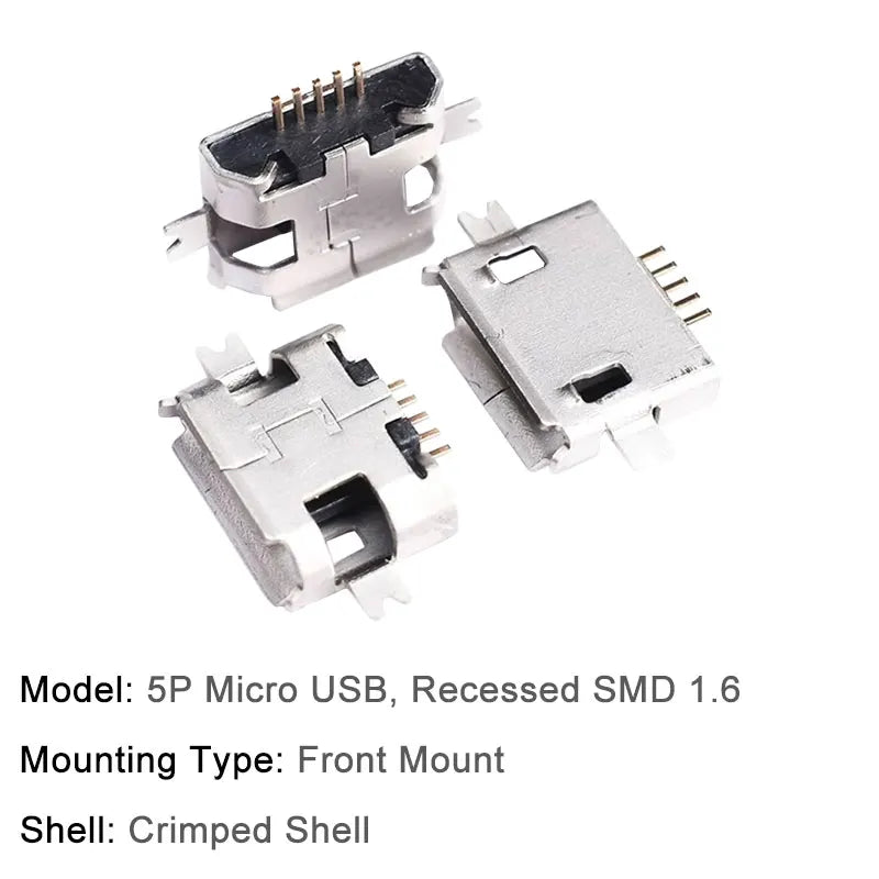 10PCS Micro USB Android Female Charging Socket, Flat Edge Crimped Type, 5Pin, 4 Mounting Pins, SMD & DIP Tail Connector
