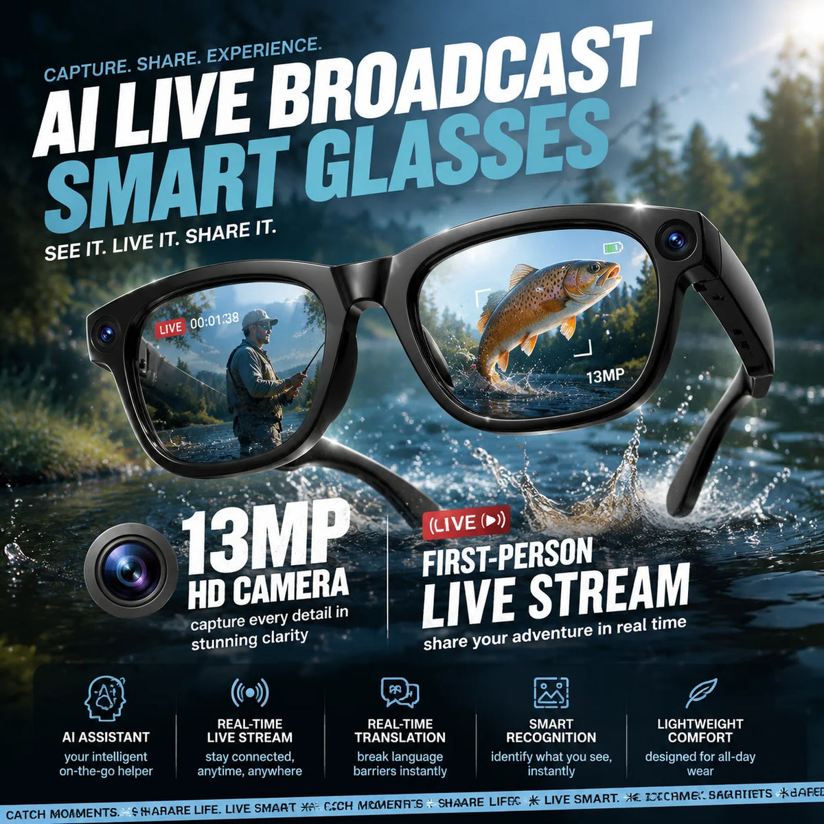 2026 Business Smart Glasses 13MP Camera AI Voice Assistant, Real-Time Translation, Meeting Notes, Live Streaming, Open-Ear Audio