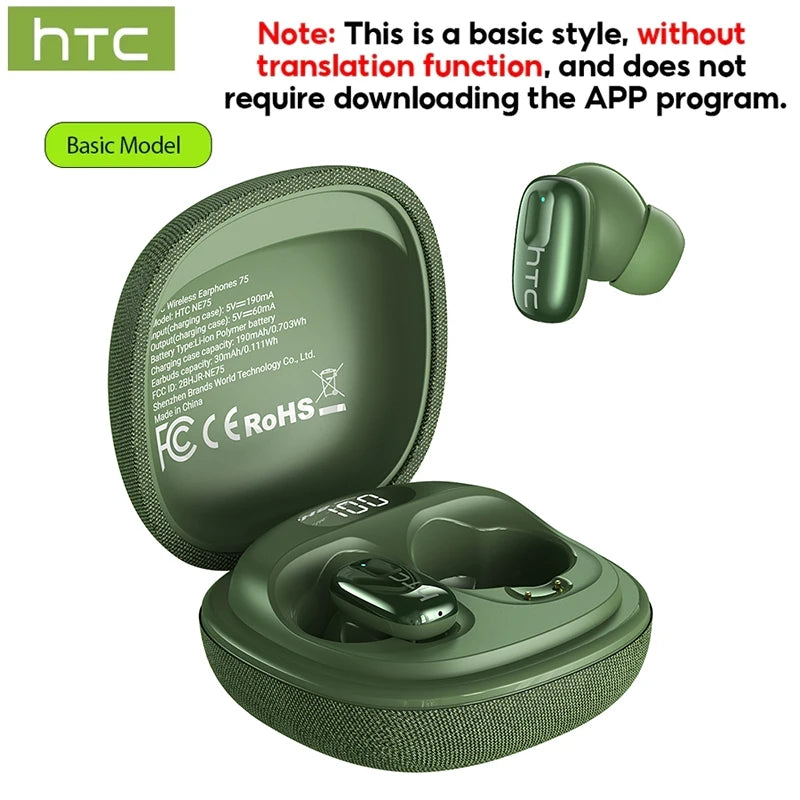 AI Translate Earbuds HTC NE75 Noise Reduction In Ear Wireless Earphone Bluetooth Compatible With Phone Laptop Computer Headphone