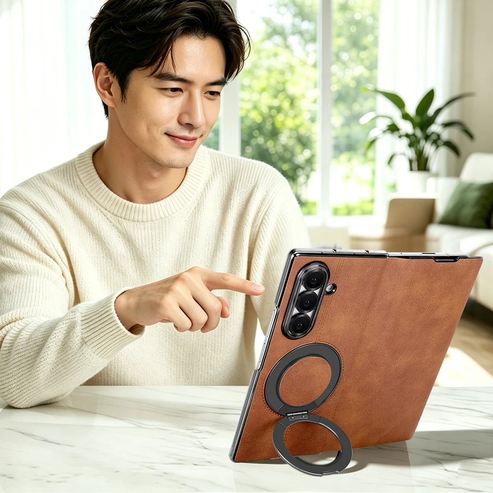 Magnetic Plain PU Leather Flip Phone Case With 360° Rotatable Ring Kickstand Holder for Samsung For Galaxy Z Fold 8 Ultra 7/6